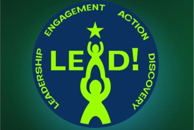 Logo featuring two figures lifting a star with the words Leadership, Engagement, Action, Discovery encircling the acronym LEAD.
