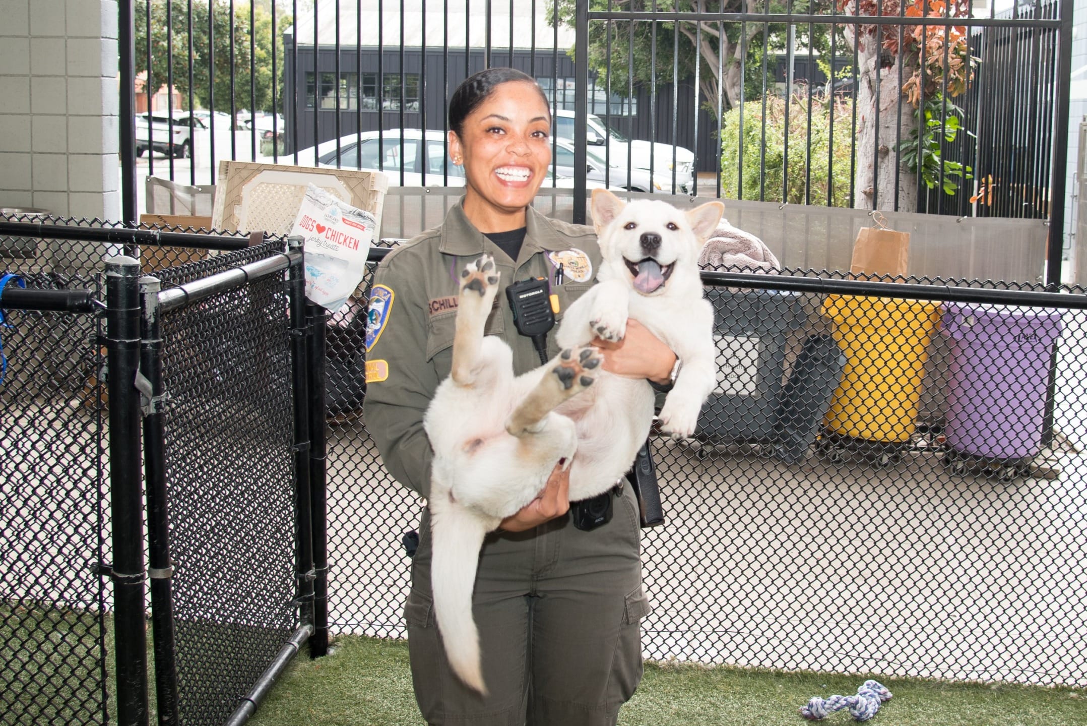 Animal control officer joyfully holds a smiling dog in an outdoor fenced area.