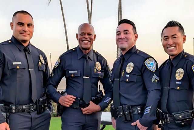 Four police officers in uniform standing together outdoors, smiling with trees and a sunset in the background.