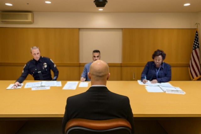 Man in a suit sits before a panel of three interviewers in a formal setting with an American flag in the background.