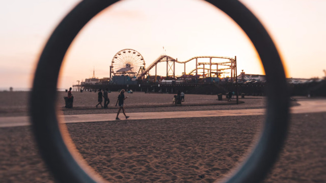 A view of the Santa Monica skyline through a circle